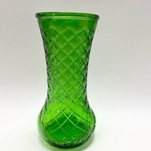 Hoosier Glass - Vintage Diamond Green Glass Vase.